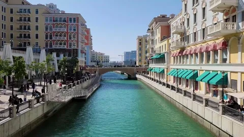 View Down Canal at Qanat Quartier, The Pearl Stock Footage 233492712