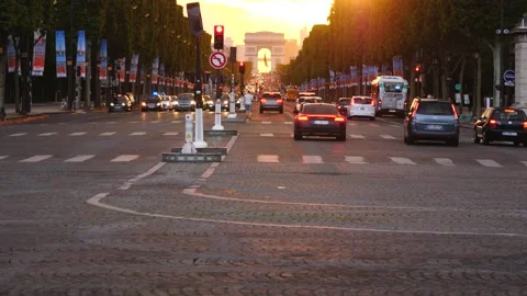 View down the Champs Elysees to the Arc de Triomphe, at sunset, Paris,France Stock Footage 237924325