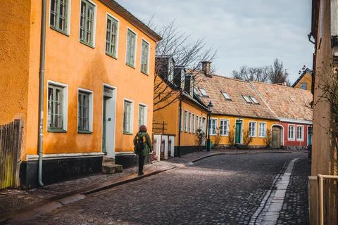 View down the cobblestone streets in Lund, Sweden Stock Photos