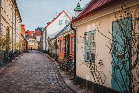 View down the cobblestone streets in Lund, Sweden Stock Photos