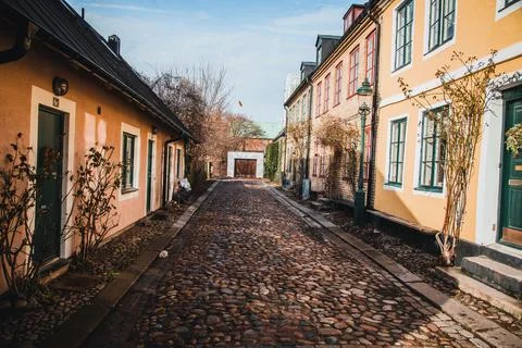 View down the cobblestone streets in Lund, Sweden Stock Photos