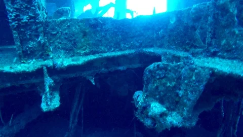 A view down a corridor of the C-58 shipwreck in the waters off of Cancun. Stockbeeldmateriaal 96472586