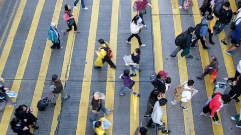 View down to crosswalk throng crowdy people flow crossing the street Stock Footage 104073462