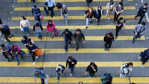 View down to crosswalk throng crowdy people flow crossing the street Stock Footage 104073539