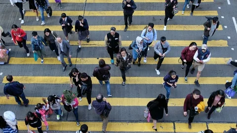 View down to crosswalk throng crowdy people flow crossing the street Stock Footage 104073585