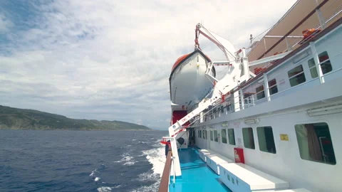 View down the deck and walkway of a cruise ship crossing the Aegena Sea, Greece. Stock Footage 135069192