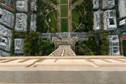 View down to the Eiffel Tower, green mars field at the bottom Stock Photos