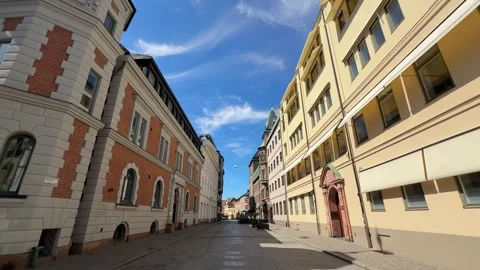 View down an empty historic street in old town center of Malmo city, Sweden Stock Footage 340960312