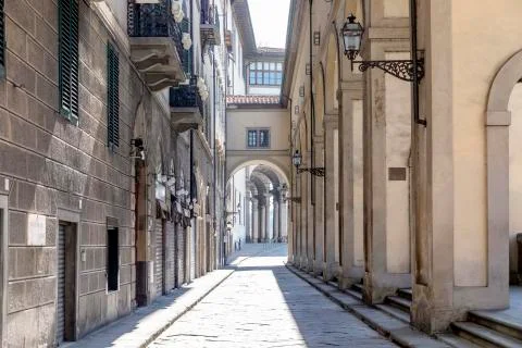 View down an empty street in Florence, Italy during the Corona virus crisis. Stock Photos