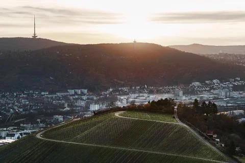 View down the idyllic vineyards and fruit orchards of Stuttgart-Rotenberg Stock Photos