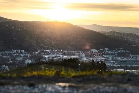 View down the idyllic vineyards and fruit orchards of Stuttgart-Rotenberg Stock Photos