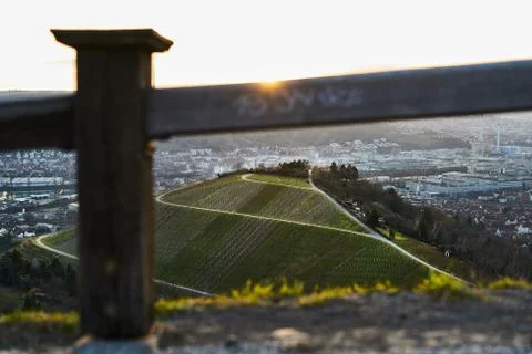 View down the idyllic vineyards and fruit orchards of Stuttgart-Rotenberg Stock Photos