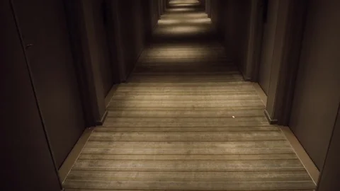 View down a long dark hotel hallway Vidéo 87266031