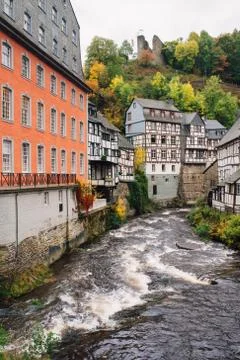 View down the river in the German town of Monschau Stock Photos