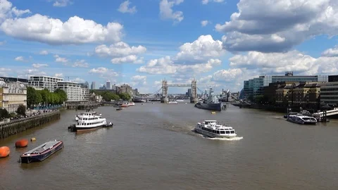 A view down The River Thames in London from London Bridge looking towards Tow Stock Footage 108774321