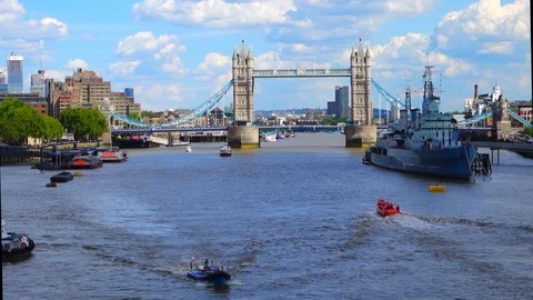 A view down The River Thames in London from London Bridge looking towards Tow Stock Footage 108774406
