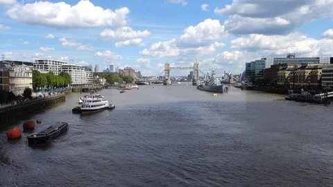 A view down The River Thames in London from London Bridge looking towards Tow Stock Footage 108774435