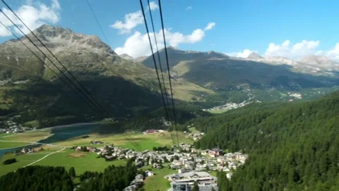 View down to Scenic Alps Landscape from cable car, Switzerland, Europe Stock Footage 140479167