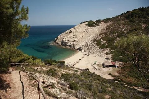 View down to a secluded skiathos beach Stock Photos
