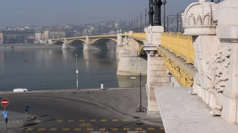 View Down the side of Margaret Bridge &amp; Buda from Pest, Budapest, Hungary Stock Footage 47711758