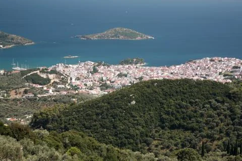 View down to skiathos town Stock Photos