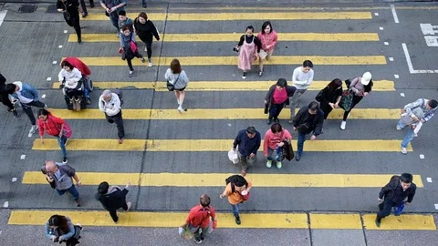 View down to Slow motion crosswalk throng crowdy people flow crossing the street Stock Footage 104073619
