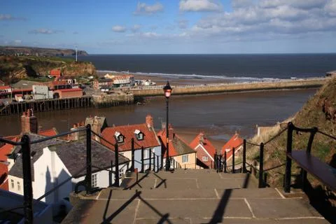 View down the steps to the harbour Whitby Stock Photos