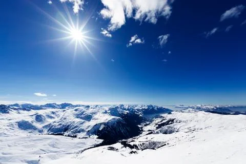 View down on typical alpine ski resort Stock Photos