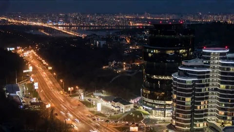 View of Downtown and the Bridge over River with Intense HighWay Traffic. Stock Footage 69102844