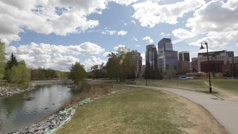 View of Downtown Calgary from Bow River and Prince's Island Park Stock Footage 90827182