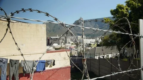 View on downtown Cape Town through a barbwire Stock Footage 75265543