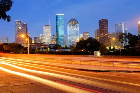 View of Downtown Houston skyline city, Texas in a beautiful day at night Stock Photos