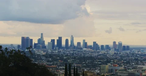 View of Downtown LA skyline from Griffith Park in Los Angeles, California Stock Footage 115078475