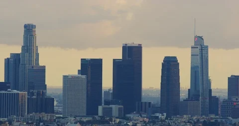 View of Downtown LA skyline from Griffith Park in Los Angeles, California Stock Footage 115078489