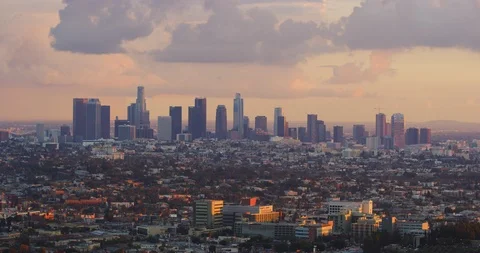 View of Downtown LA skyline from Griffith Park in Los Angeles, California Stock Footage 115079175