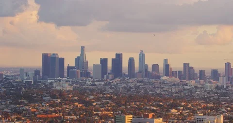 View of Downtown LA skyline from Griffith Park in Los Angeles, California Stock Footage 116027649