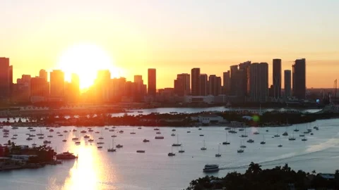 View on Downtown Miami just after sunset. Skyline forms silhouette against sky Stock Footage 295551663