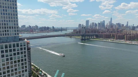 View of downtown NYC flying back into Williamsburg Bkln Stock Footage 342768657