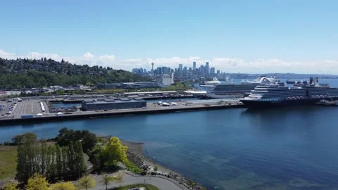 View of Downtown Seattle, Space Needle and Cruise Ship Terminal 스톡 동영상 196119834