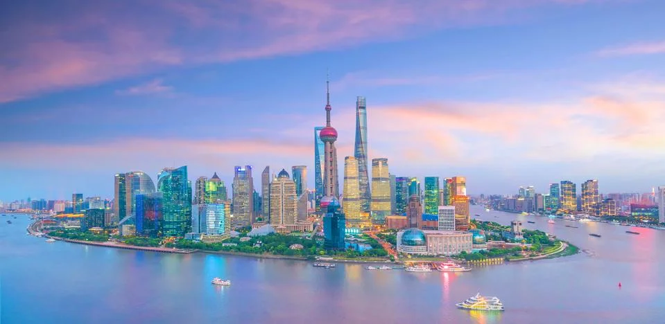 View of downtown Shanghai skyline at twilight Stock Photos
