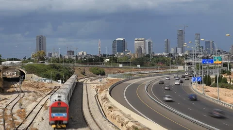 View of the downtown Tel Aviv, movement of cars and train Stock Footage 43256251