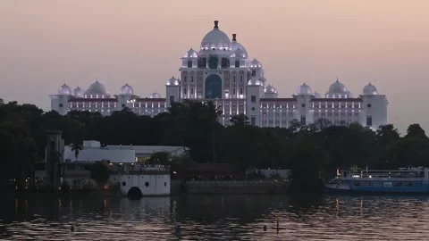 View of Dr. B.R. Ambedkar Telangana State Secretariat building late evening. Stock Footage 285248229
