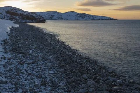View of the Dragon Egg Beach (Round Stones Beach), Teriberka Stock Photos
