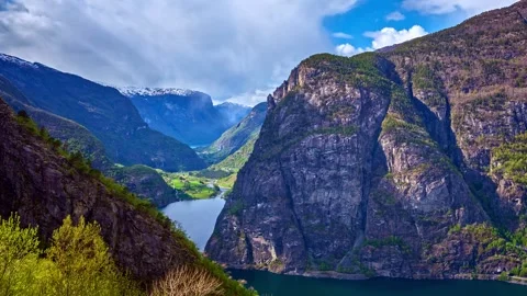 View of the dramatic Aurlandsfjord mountains near Flam, Norway. Video stock 340641197