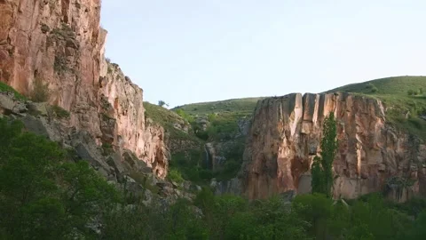 View of the dramatic Ihlara Valley gorge in the Cappadocia region of Turkey Stock Footage 332546610