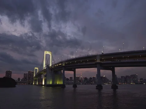 View of dramatic sunset sky over Rainbow bridge and Tokyo cityscape Stock Footage 80618724