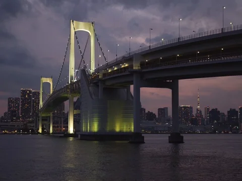 View of dramatic sunset sky over Rainbow bridge and Tokyo cityscape Stock-Footage 80618725