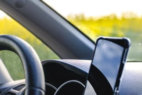 View on driver area from car interior Stock Photos