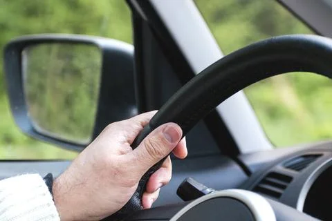 View on driver area from car interior Stockfoto's