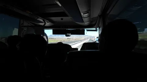 View from the driver’s front window inside a coach bus Stock Footage 296195452